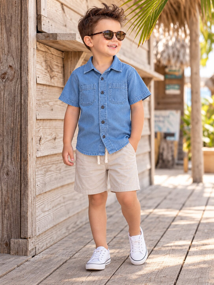 A young boy wearing a light blue short-sleeve button-up shirt, beige shorts, white sneakers, and sunglasses, standing on a wooden boardwalk next to a rustic wooden building.