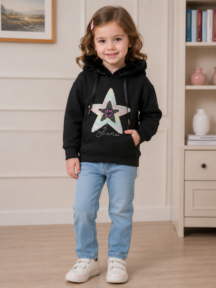 Sportking Girls Shiny Star Hooded Sweatshirt – Black