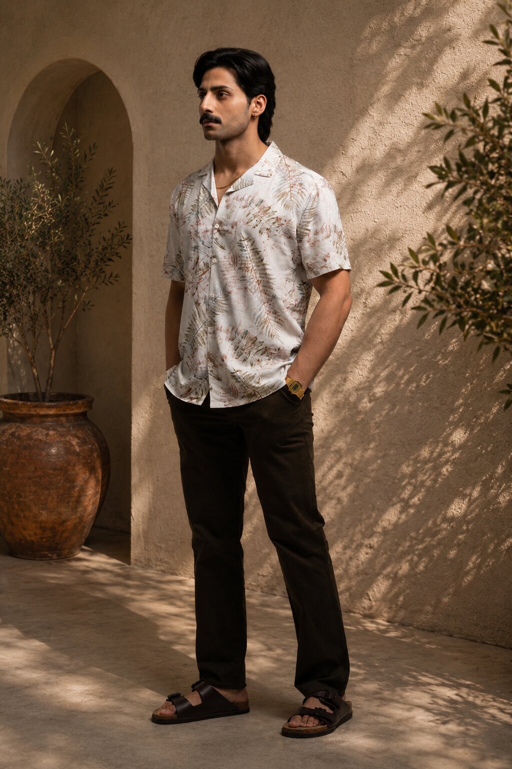 Tropical Leaf Print Casual Shirt – Cream