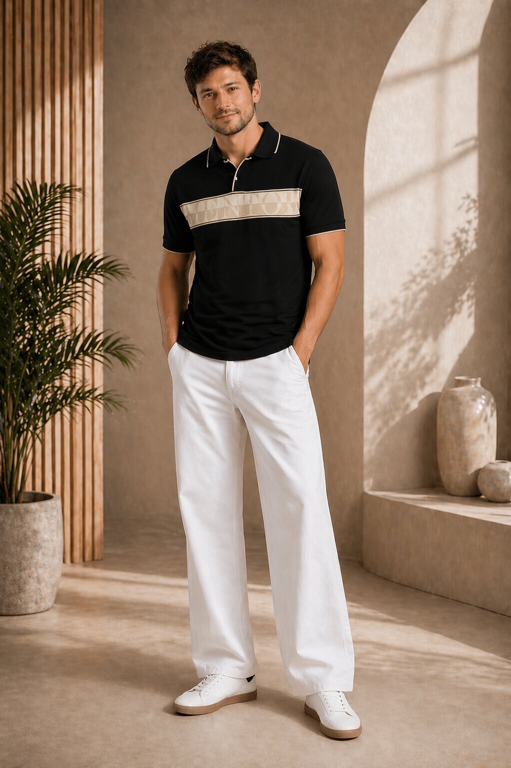Black Polo with Crest Stripe