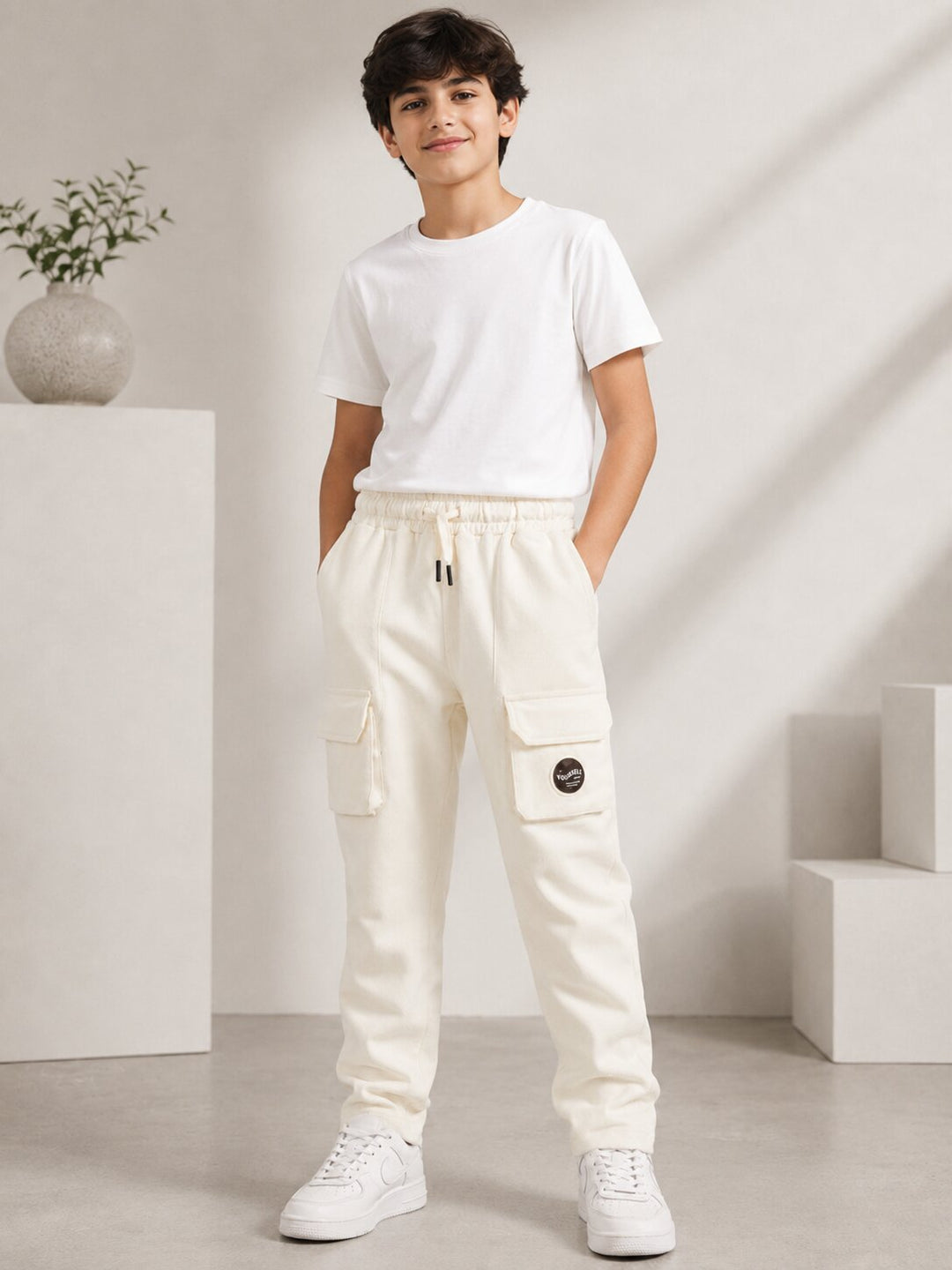 A young boy modeling a white crewneck t-shirt and off-white cargo jogger pants with white sneakers, standing in a minimalist, brightly lit studio setting with geometric white blocks.