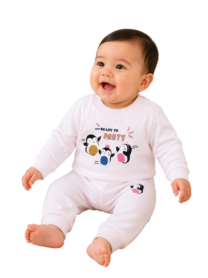A smiling baby wearing a light pink long-sleeve romper with a penguin-themed graphic that reads 'READY TO PARTY' on the chest, set against a solid white background.