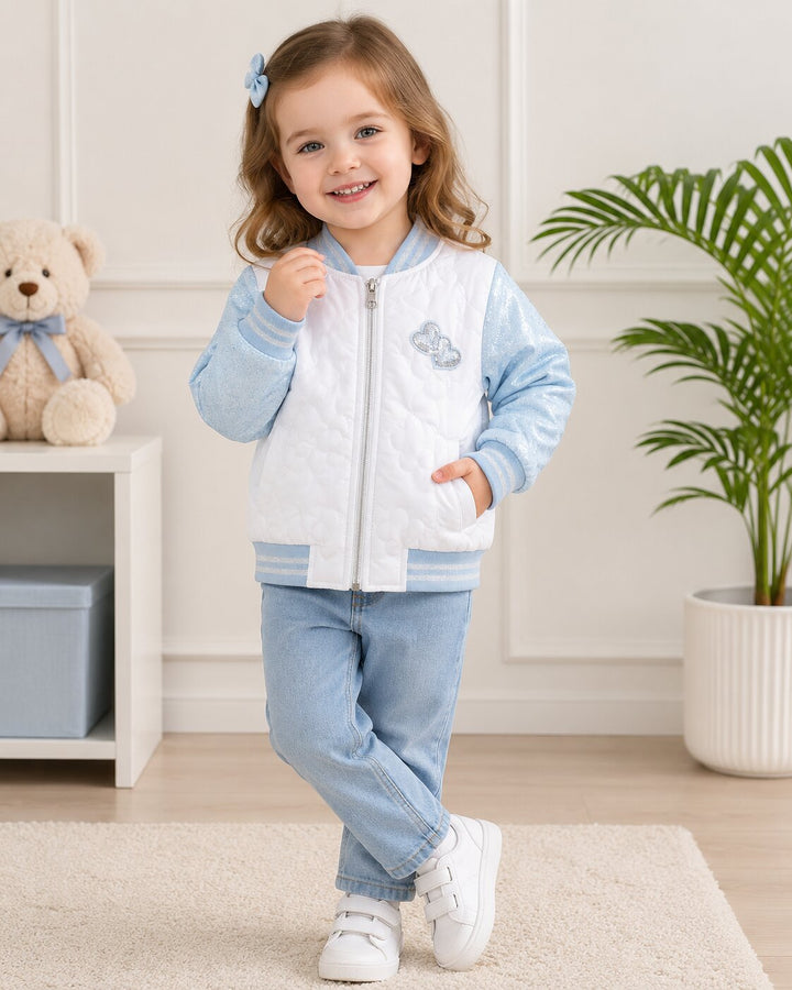 Sportking Girls Heart Applique Winter Jacket – White/Sky