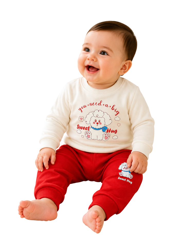 A smiling baby sitting and wearing a cream long-sleeve shirt with a cartoon dog graphic and red pants, isolated on a white background.