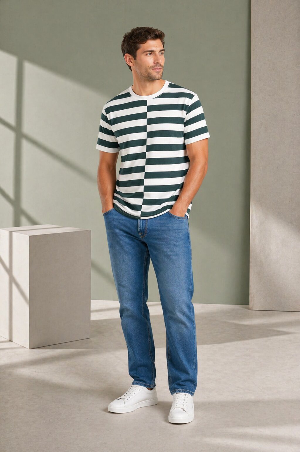 Striped Round Neck T-Shirt - Green