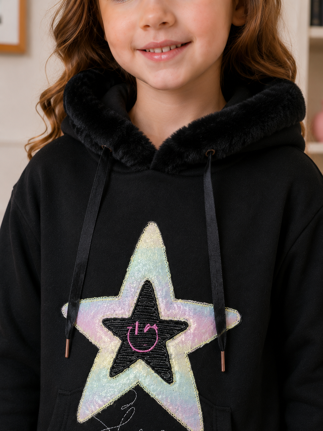 Sportking Girls Shiny Star Hooded Sweatshirt – Black