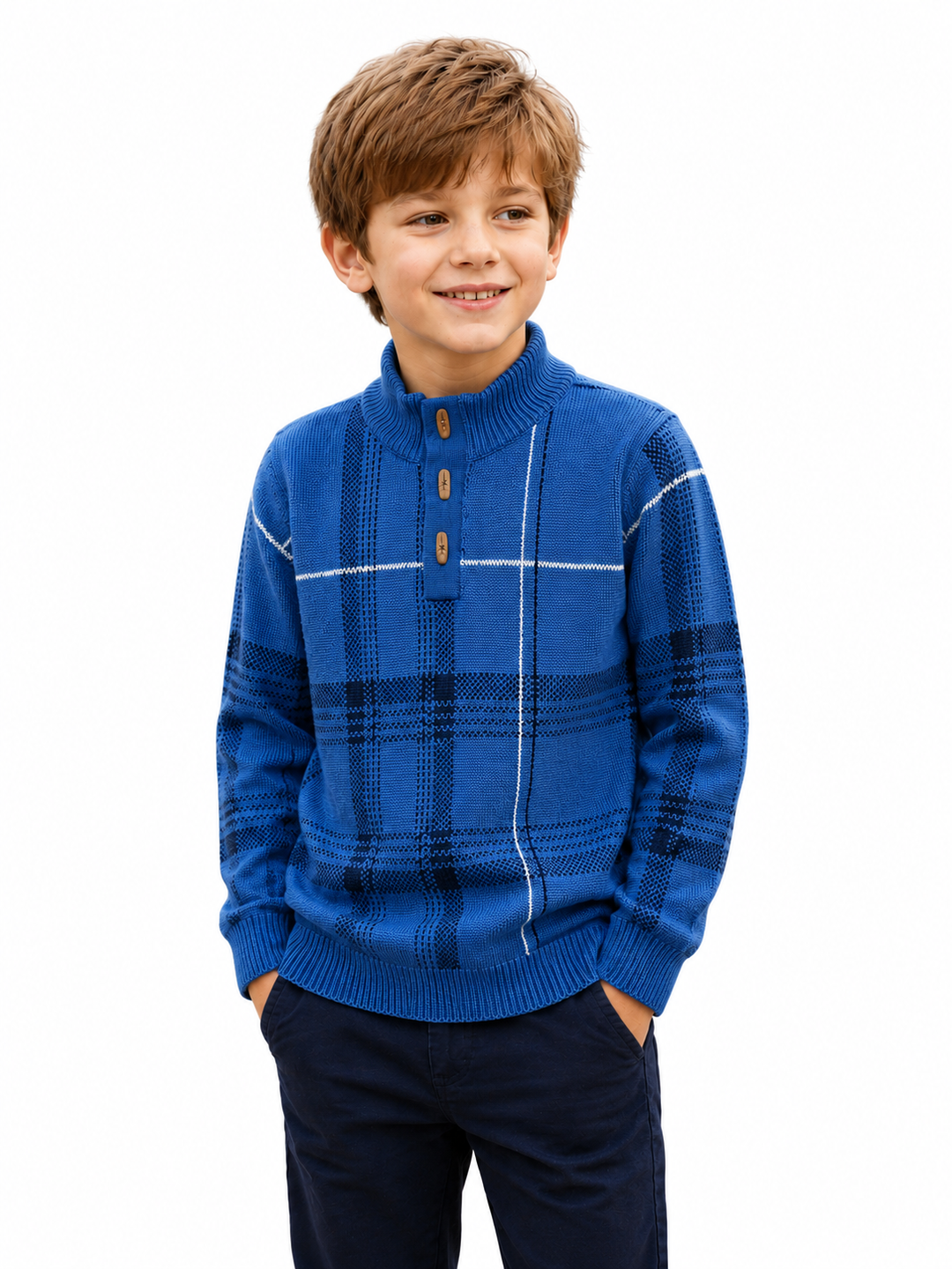 Sportking High Neck Check Jacquard Sweater – Blue