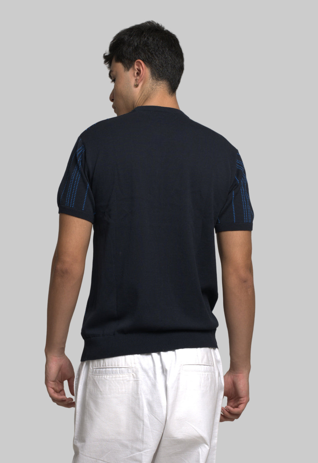 Knitted Striped Knit T-Shirt - Navy