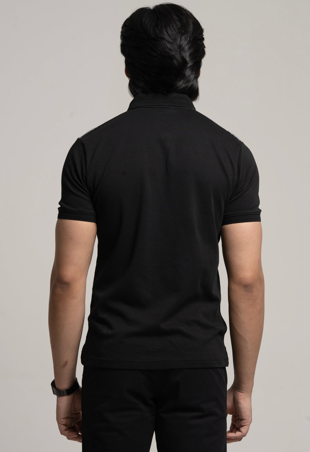 Polo T-Shirt with Striped Yoke - BLACK