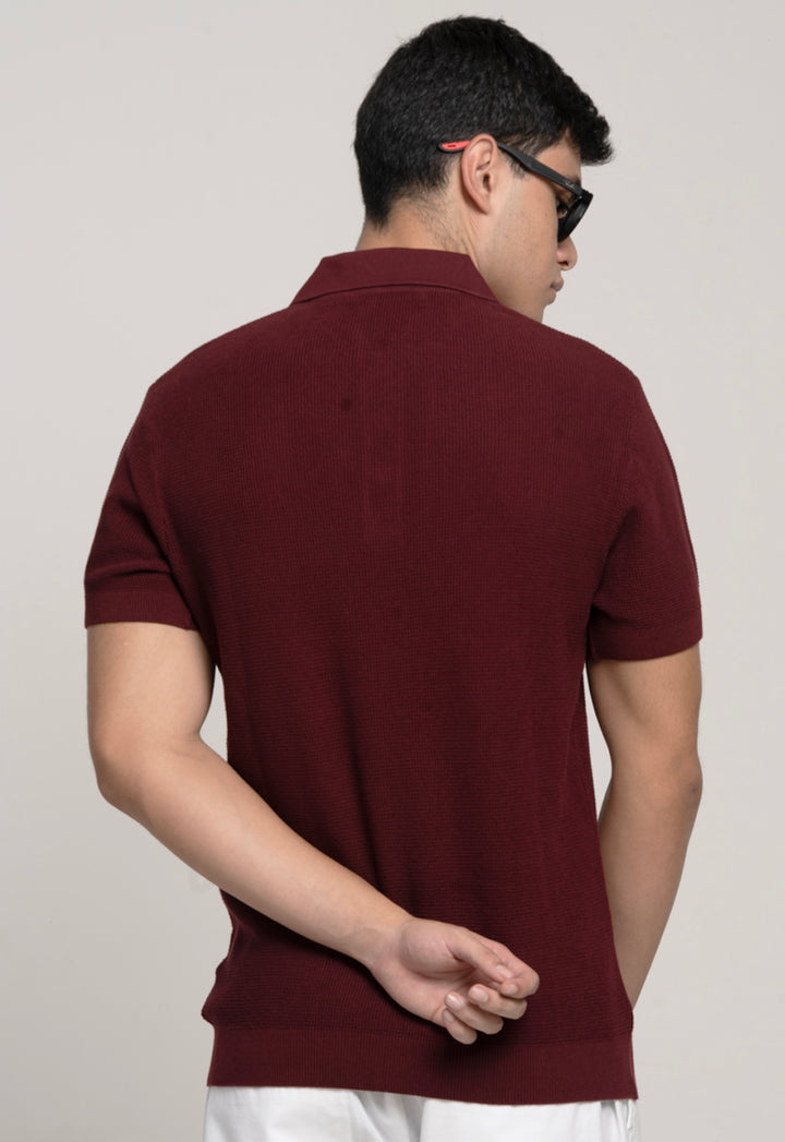 Man wearing a maroon polo shirt against a plain background