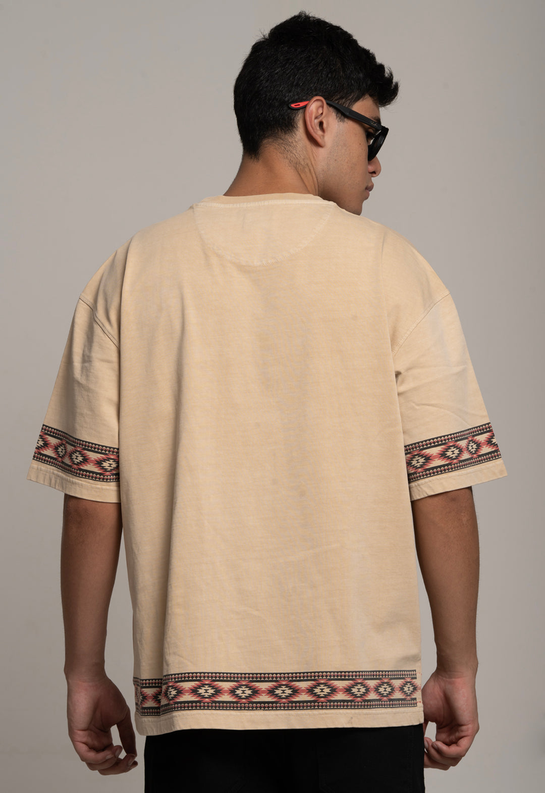 Drop-Shoulder Tee with Geometric Band - Beige