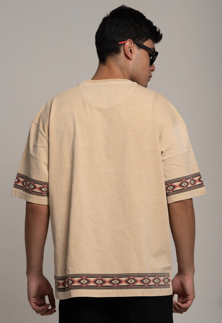 Drop-Shoulder Tee with Geometric Band - Beige