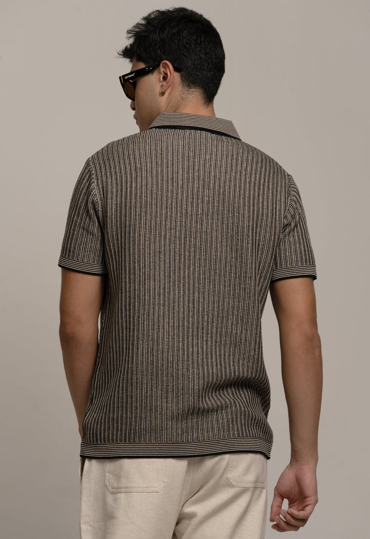 Knitted Striped Polo T-Shirt – Grey