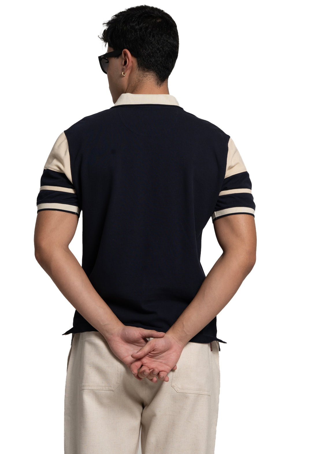 CUT AND SEW COLOUR BLOCK POLO T-SHIRT - NAVY