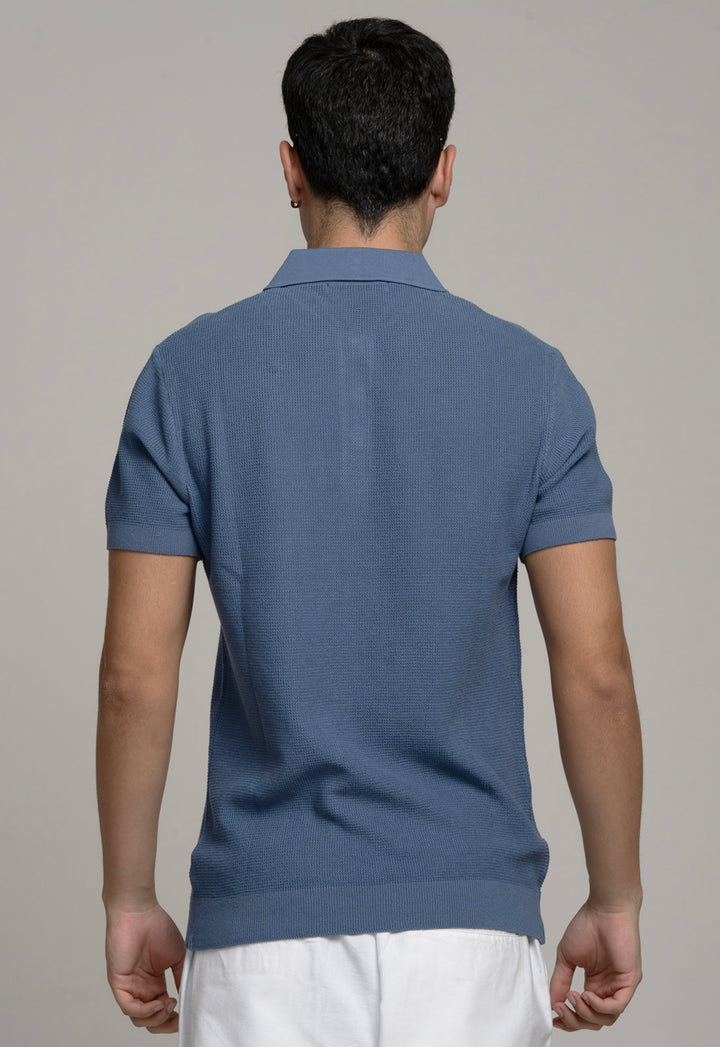 KNITTED COTTON POLO - BLUE