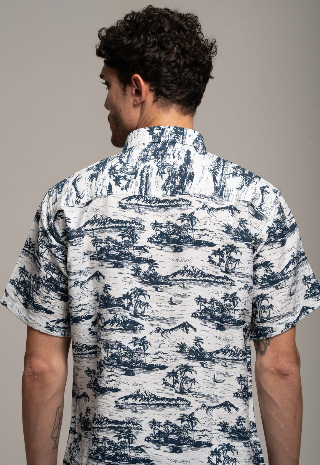 White & Navy Tropical Print Casual Shirt