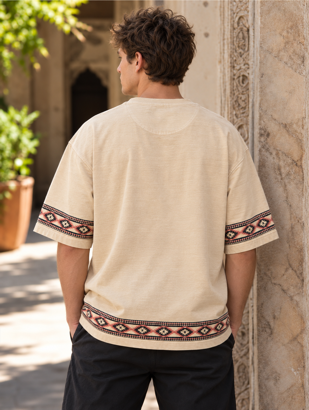 Drop-Shoulder Tee with Geometric Band - Beige