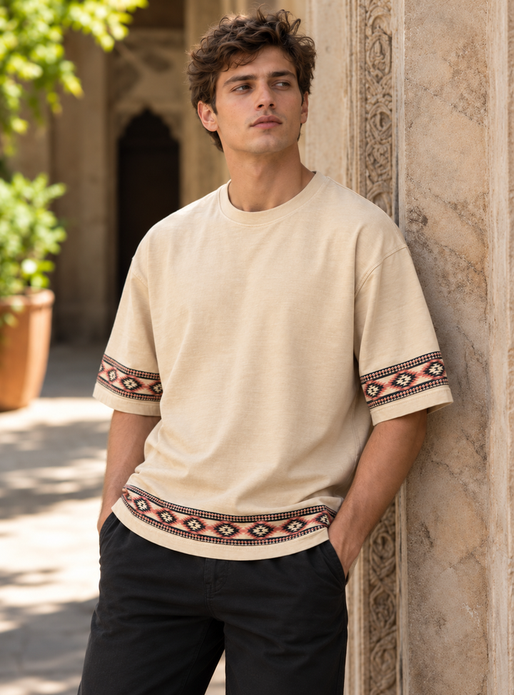 Drop-Shoulder Tee with Geometric Band - Beige