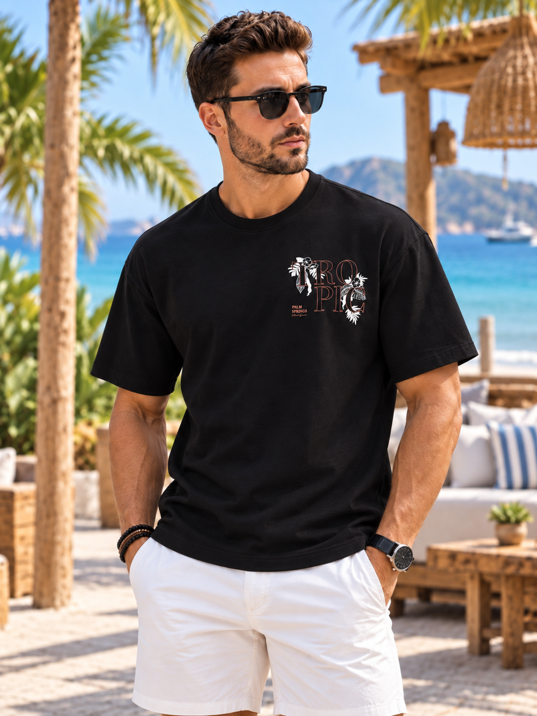 A man wearing a black short-sleeve graphic t-shirt and white shorts stands on a sunny beach with palm trees, lounge chairs, and the ocean in the background. The t-shirt features a graphic on the left chest with the letters 'BO' in a stylized design.