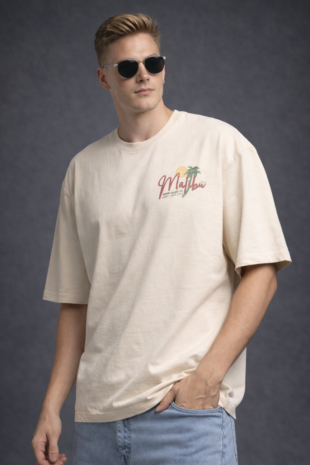 Graphic Drop Shoulder T-Shirt – Beige