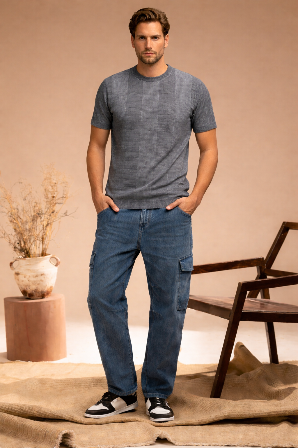 Knitted Cotton T-Shirt - Grey