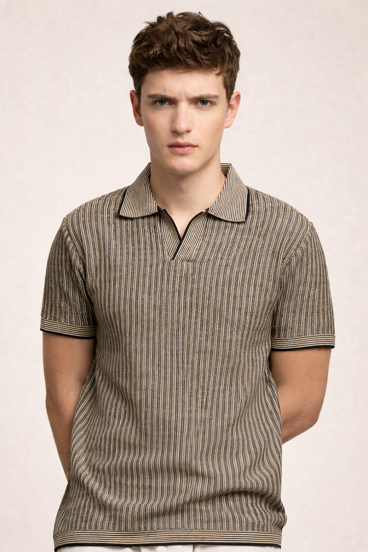 Knitted Striped Polo T-Shirt – Black