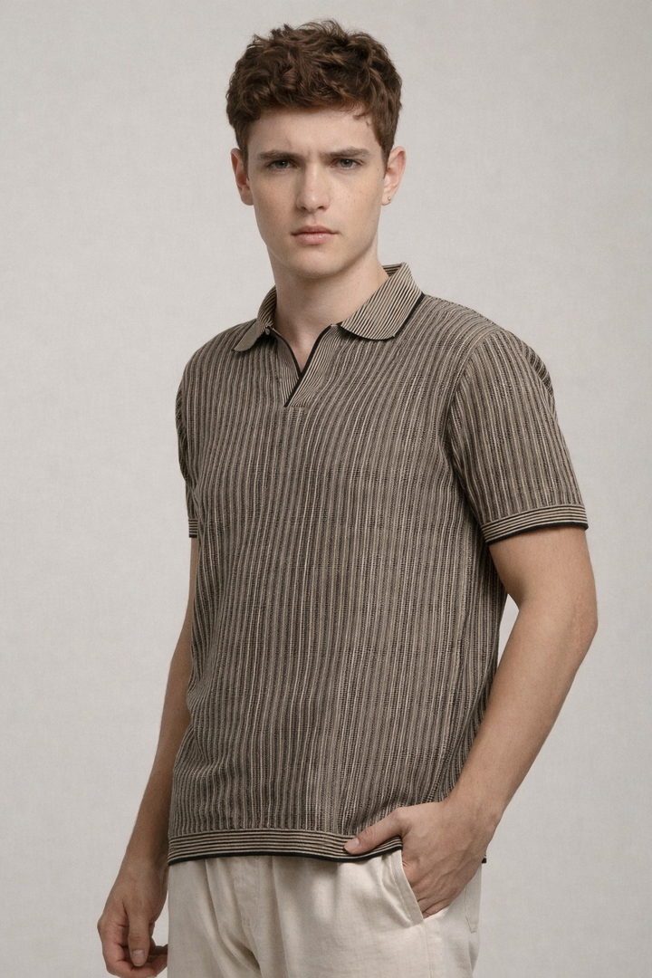 Knitted Striped Polo T-Shirt – Black