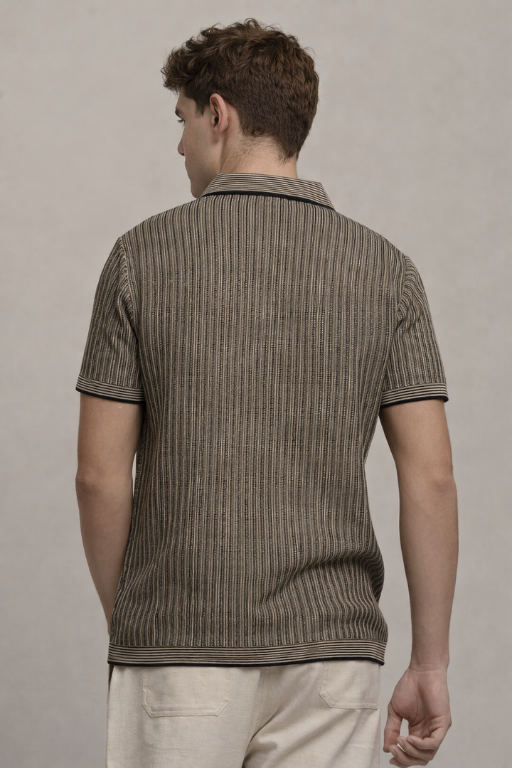 Knitted Striped Polo T-Shirt – Black