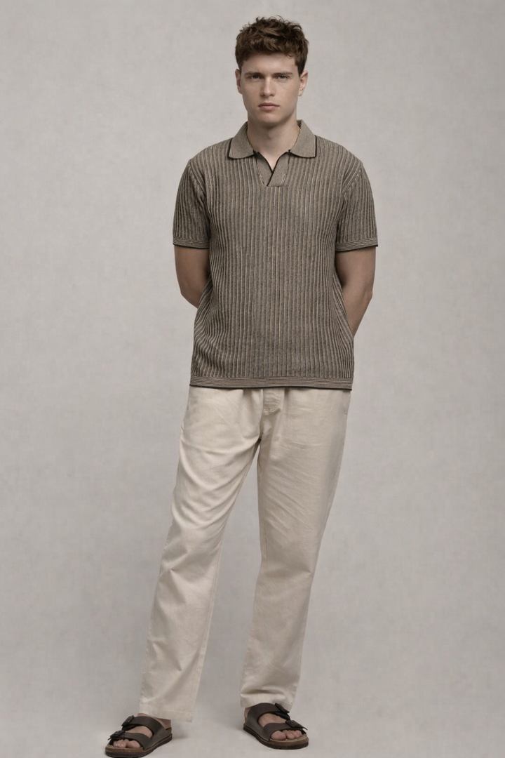 Knitted Striped Polo T-Shirt – Black