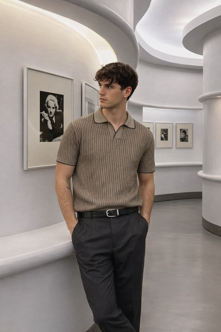 Knitted Striped Polo T-Shirt – Black