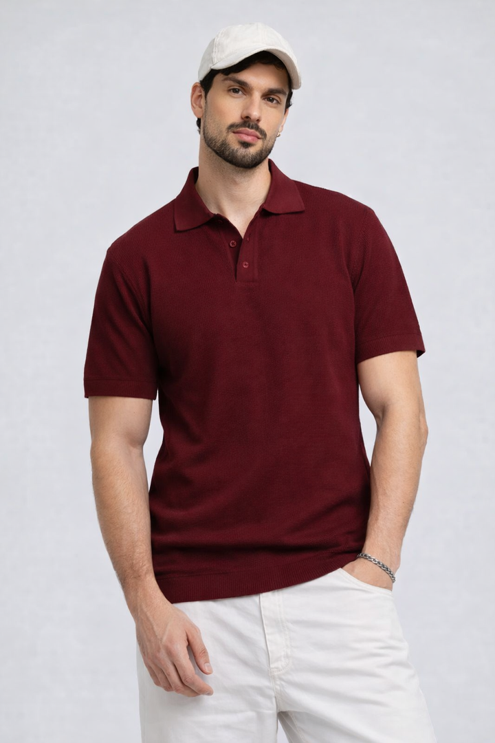 KNITTED POLO - Wine