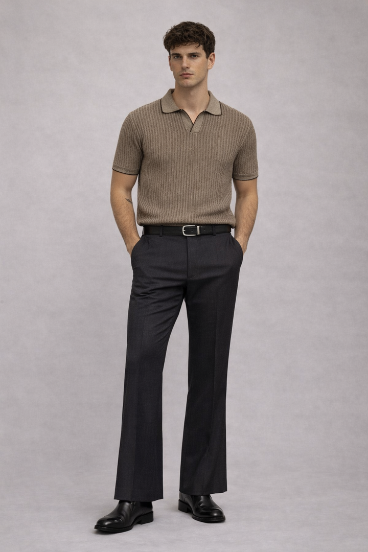 Knitted Striped Polo T-Shirt – Black