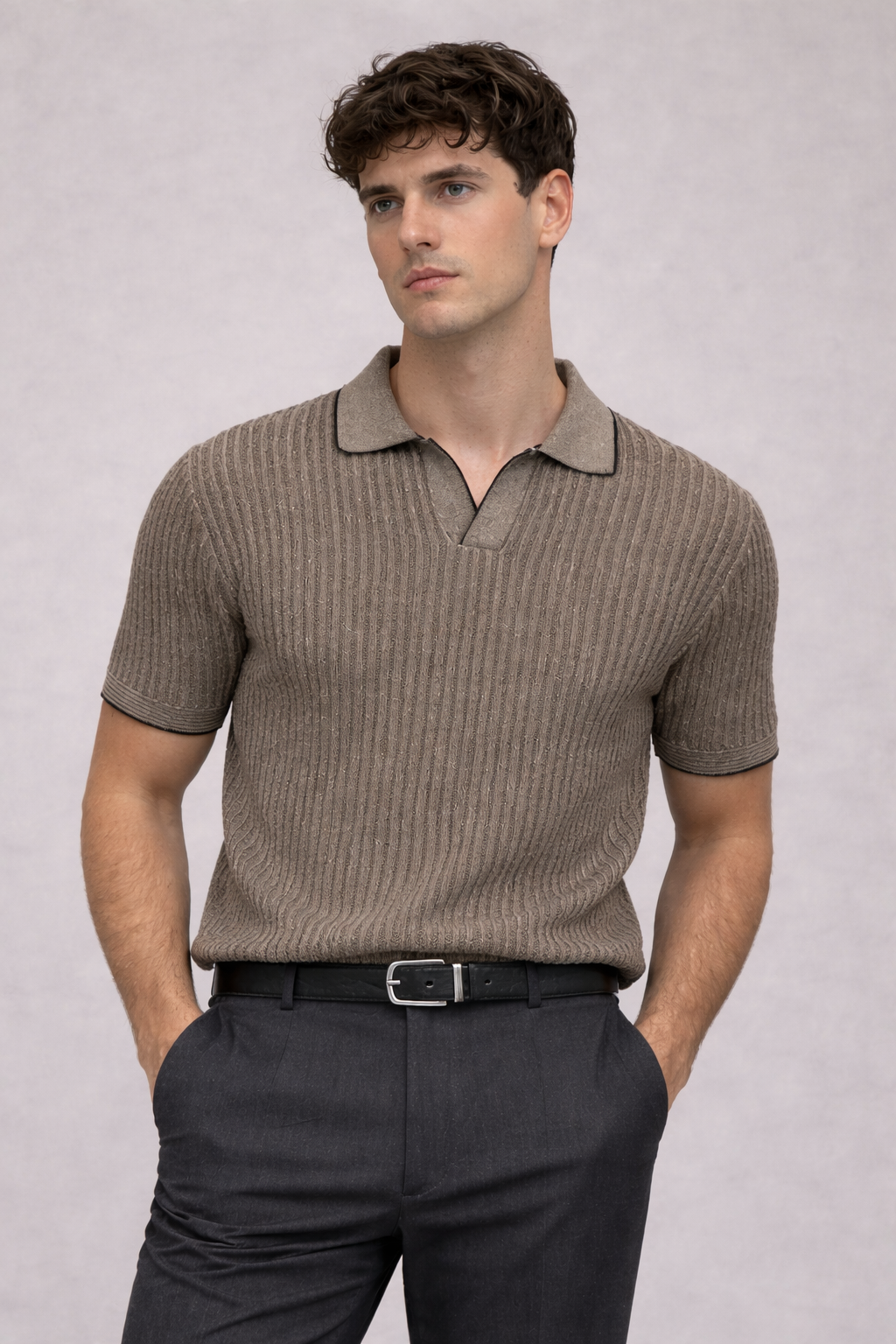 Knitted Striped Polo T-Shirt – Black