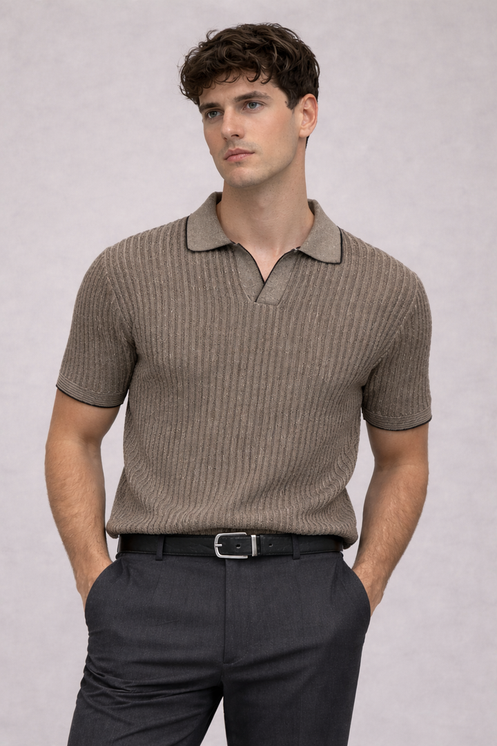 Knitted Striped Polo T-Shirt – Black
