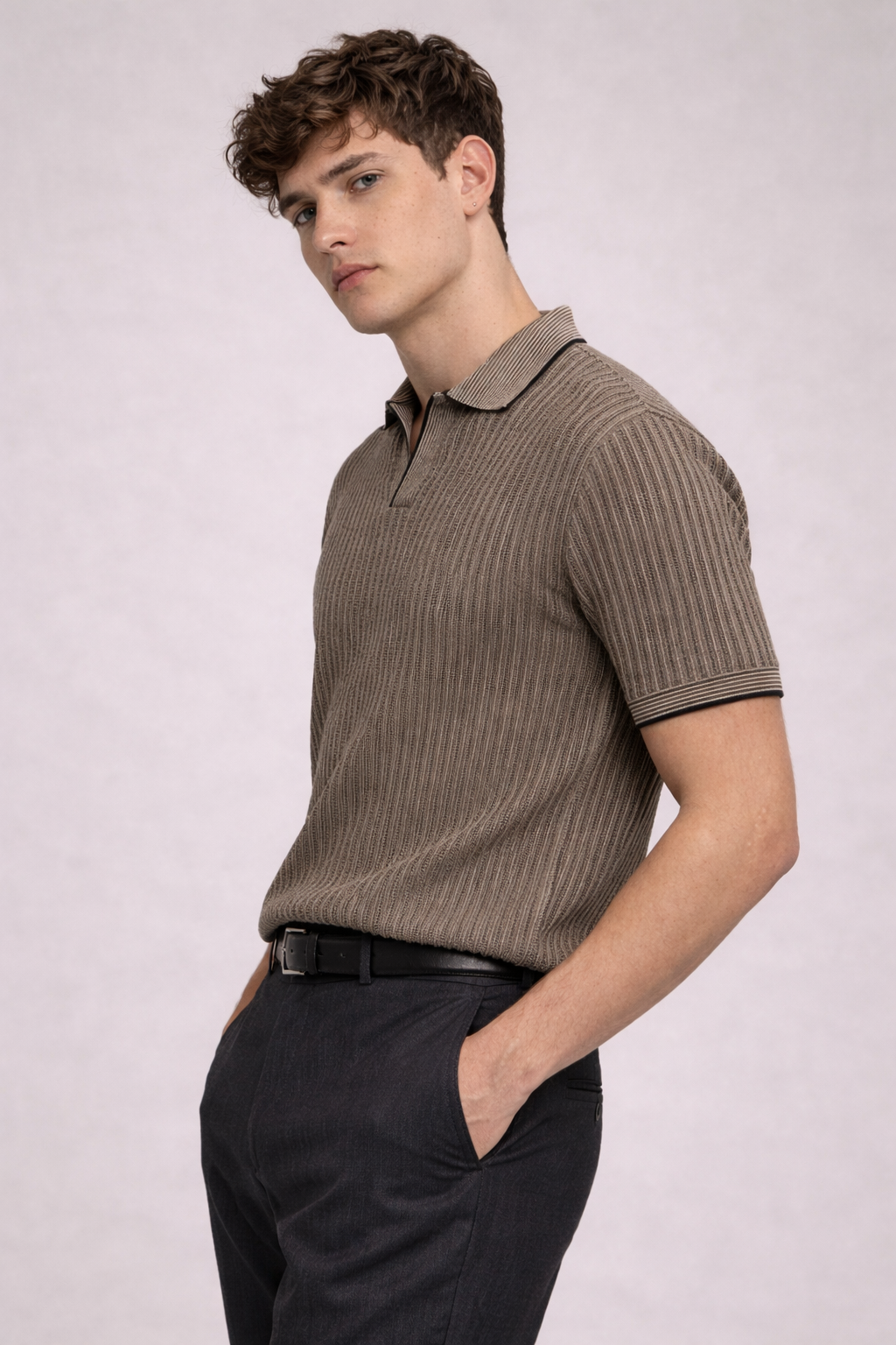 Knitted Striped Polo T-Shirt – Black