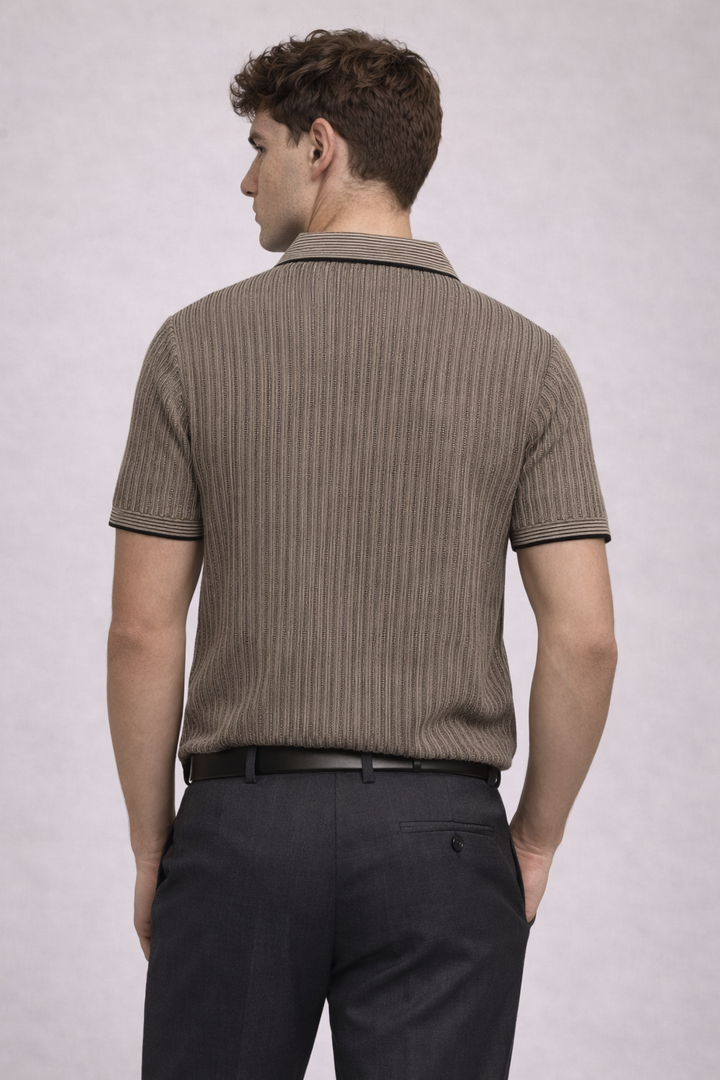 Knitted Striped Polo T-Shirt – Black