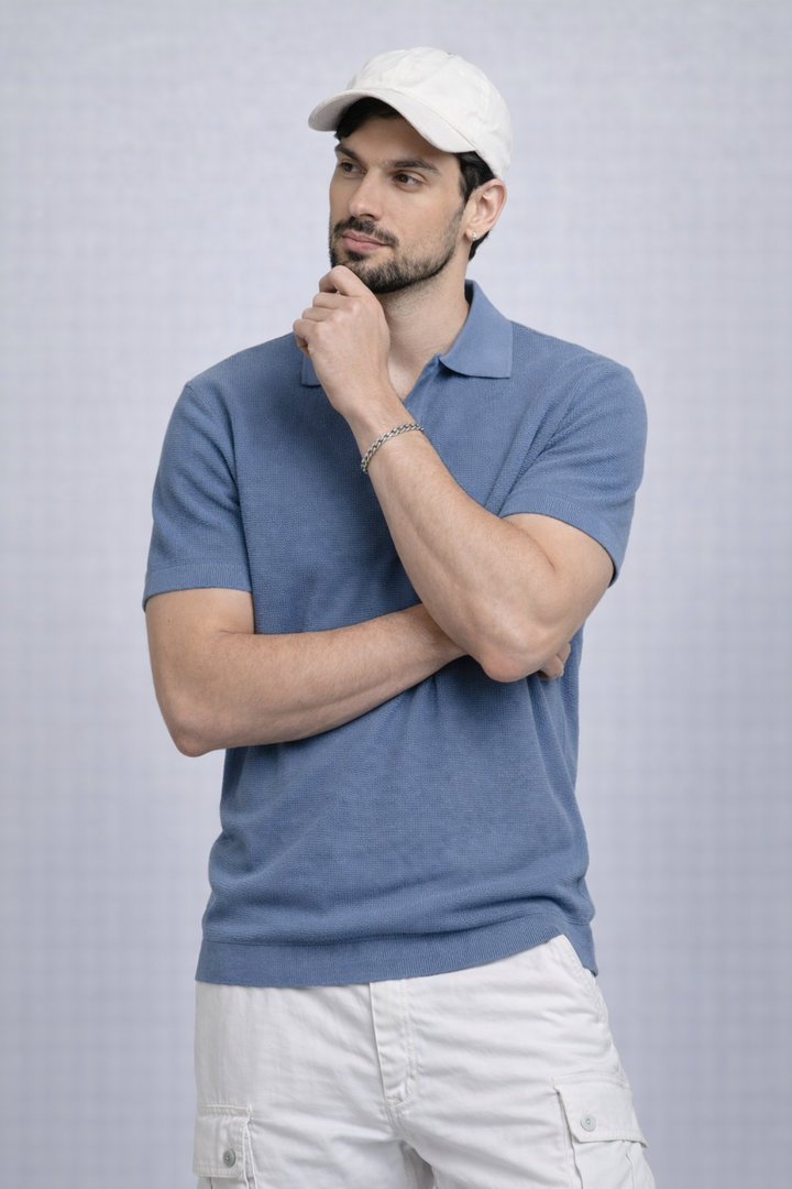 KNITTED POLO - BLUE