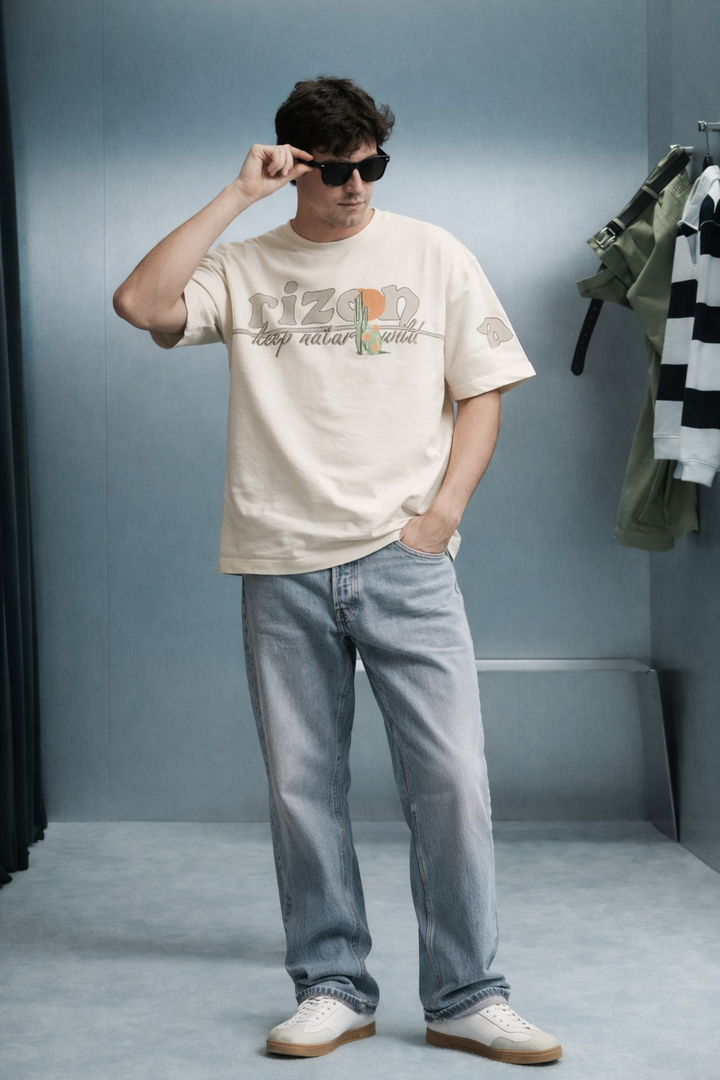 Graphic Drop Shoulder T-Shirt - Beige