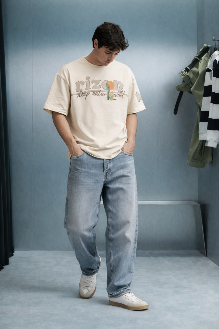 Graphic Drop Shoulder T-Shirt - Beige