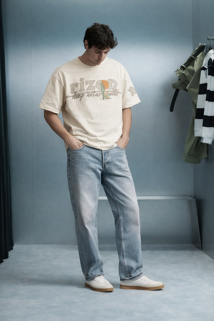 Graphic Drop Shoulder T-Shirt - Beige