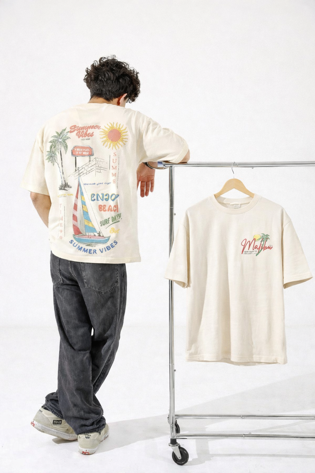 Graphic Drop Shoulder T-Shirt – Beige