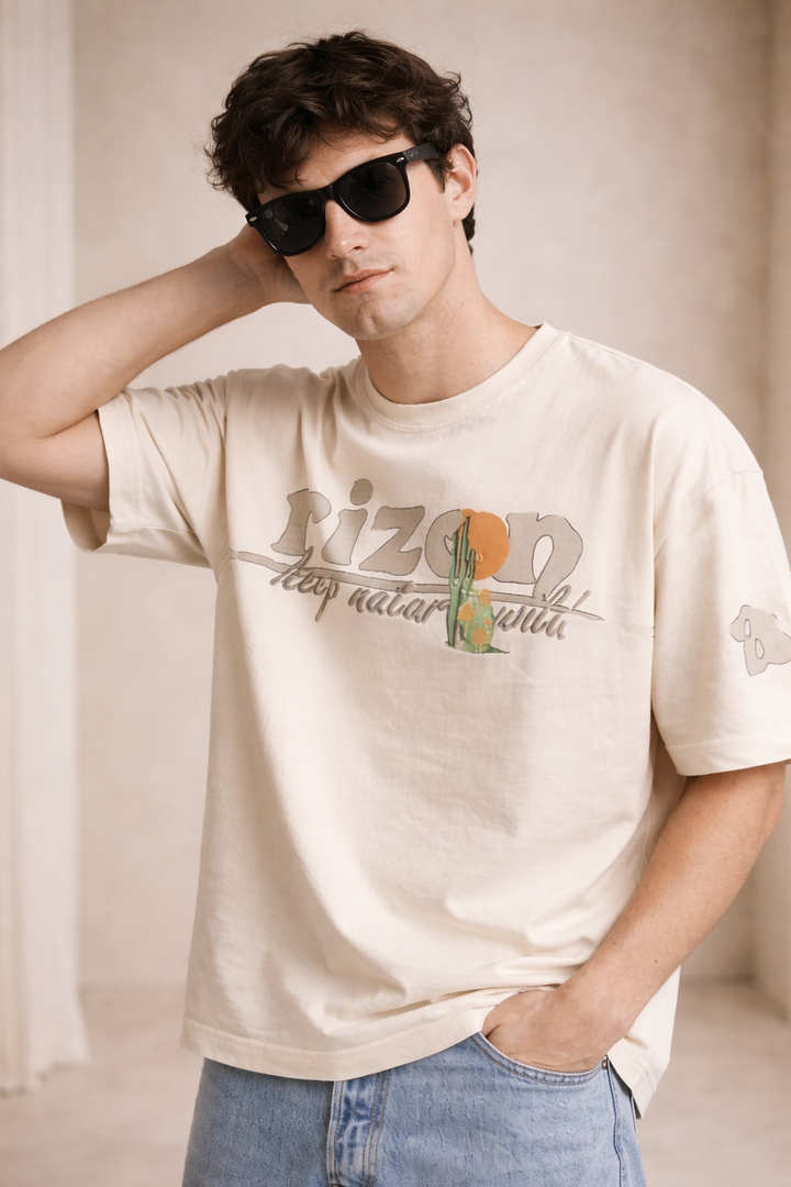 Graphic Drop Shoulder T-Shirt - Beige