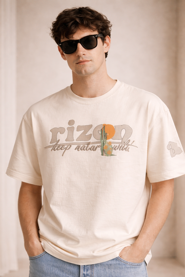 Graphic Drop Shoulder T-Shirt - Beige