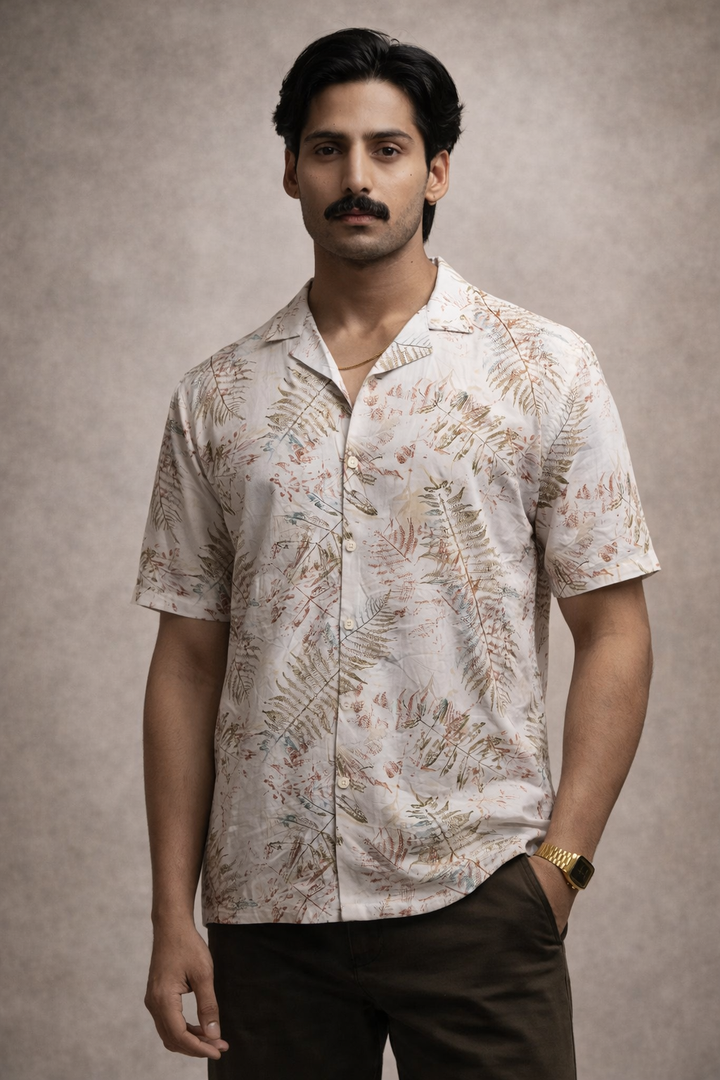 Tropical Leaf Print Casual Shirt – Cream