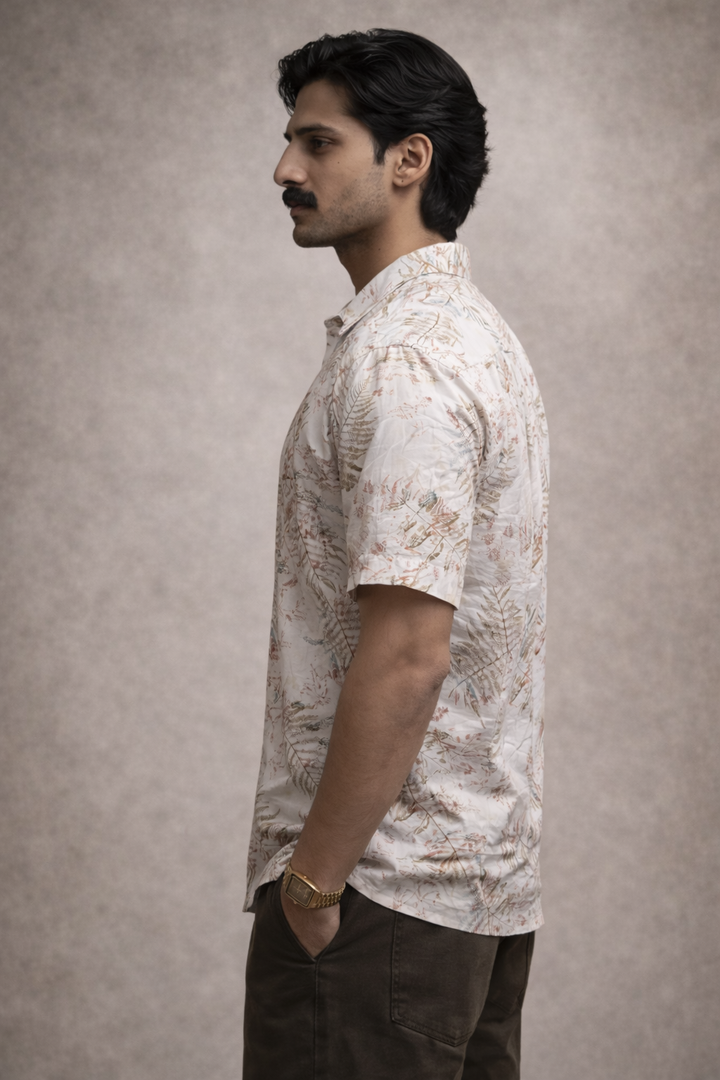 Tropical Leaf Print Casual Shirt – Cream