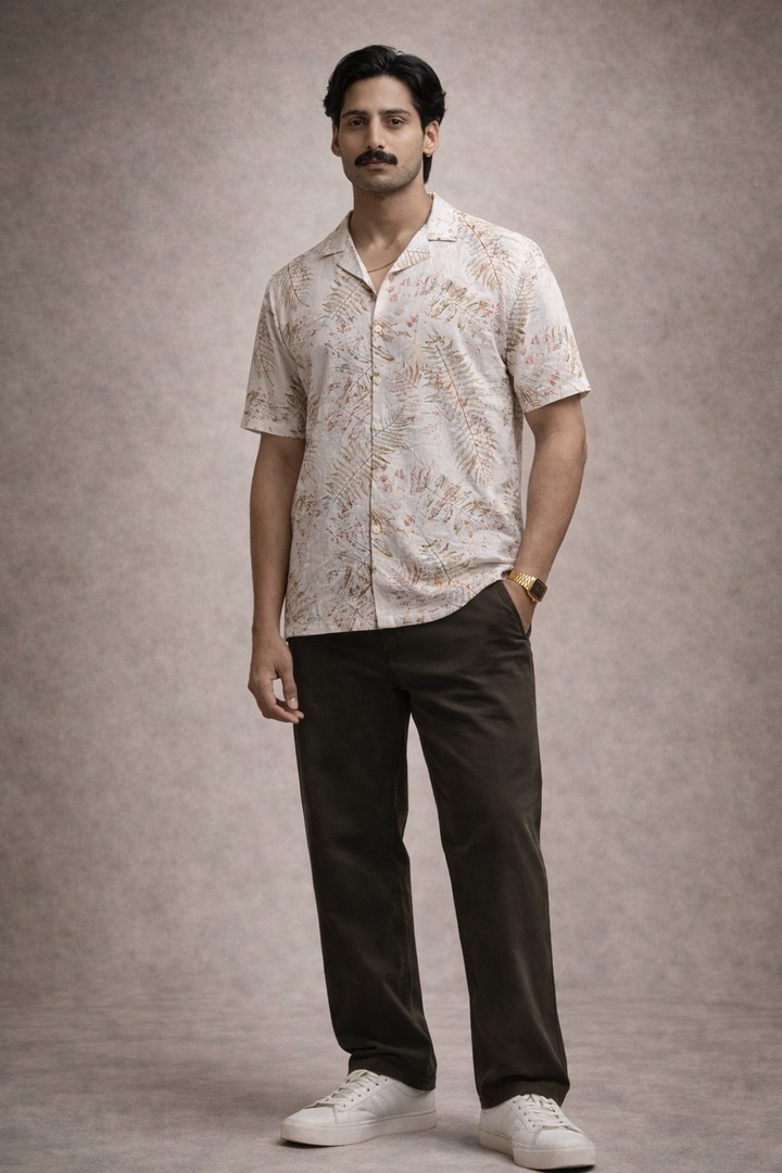 Tropical Leaf Print Casual Shirt – Cream