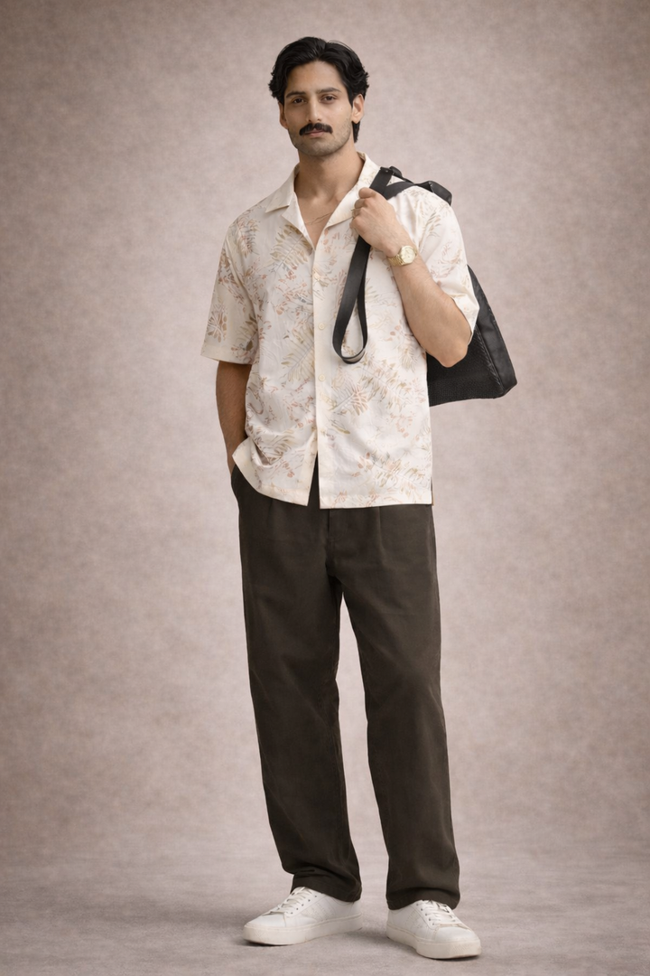 Tropical Leaf Print Casual Shirt – Cream