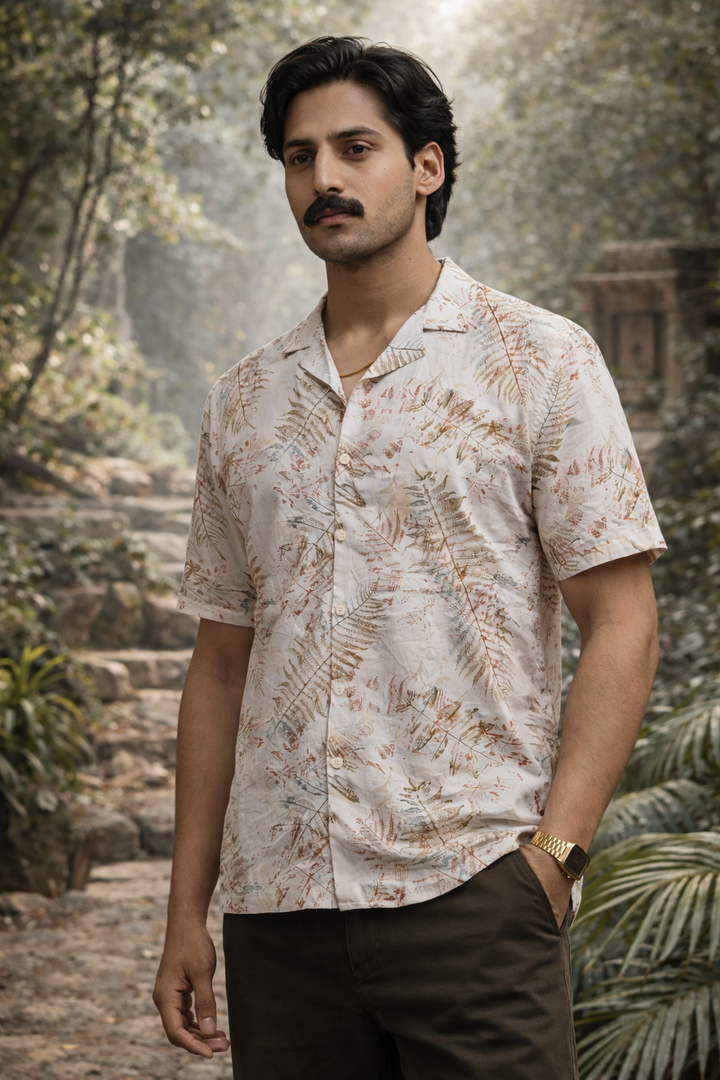 Tropical Leaf Print Casual Shirt – Cream