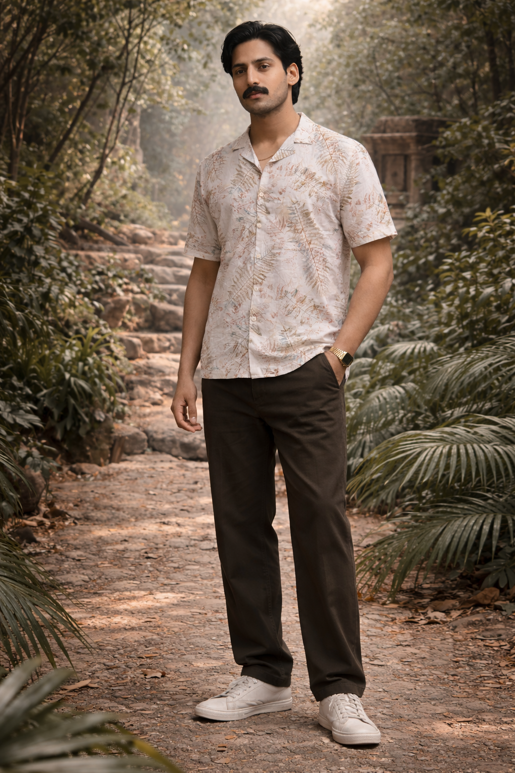 Tropical Leaf Print Casual Shirt – Cream