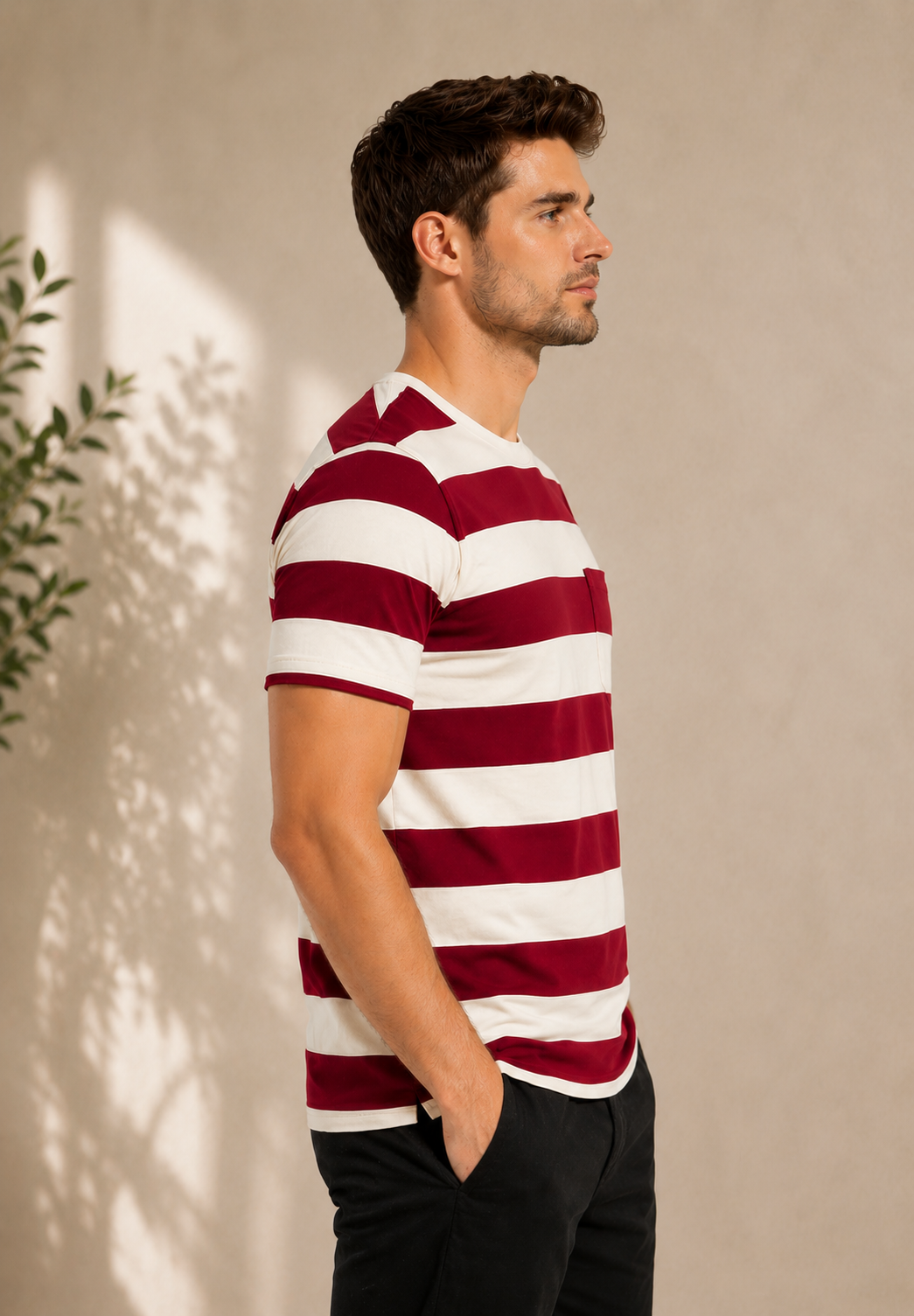 Striped Round Neck T-Shirt - Beige